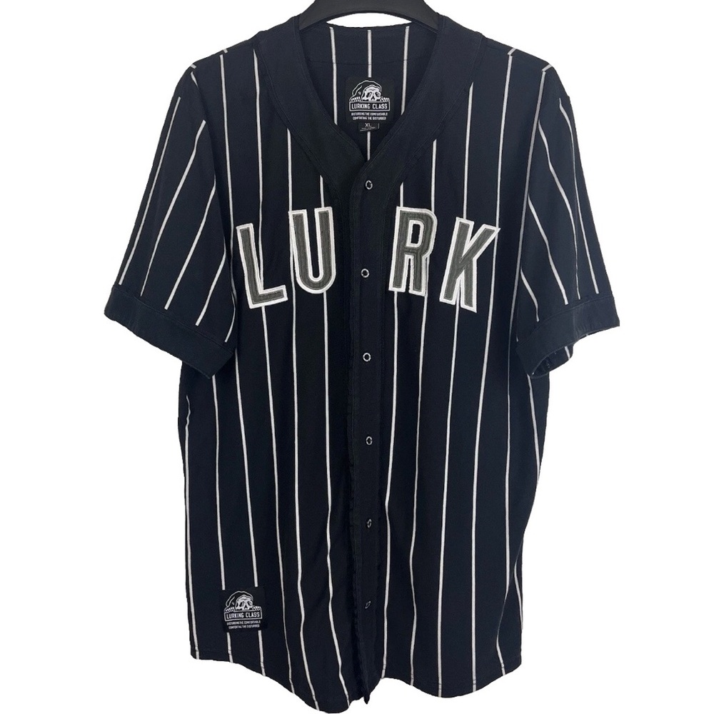 Lurking Class Men's Button Jersey Short Sleeve Black White Stripe Skull XL